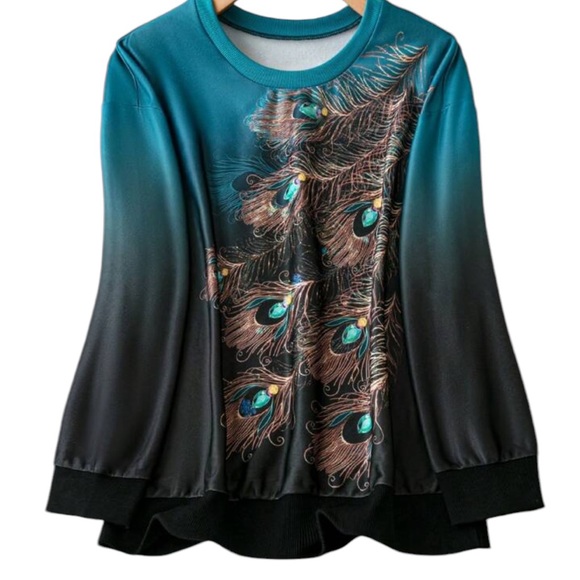 Tops - NEW EMERY ROSE Plus 2X Peacock Feather Print Ombre Sweatshirt